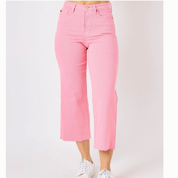 NWT Judy Blue High Waist Tummy Control Garment Dyed Pink Cropped Wide Jeans 18W - Picture 1 of 9